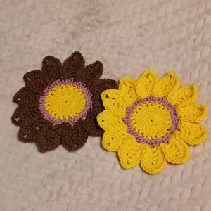 Hand Crafted Crochet Brown & Gold Flower Coasters, Set of 2